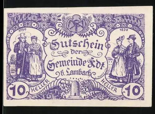 Notgeld Edt bei Lambach 1920, 10 Heller, traditionelle Paare in Tracht & Pferdepflug