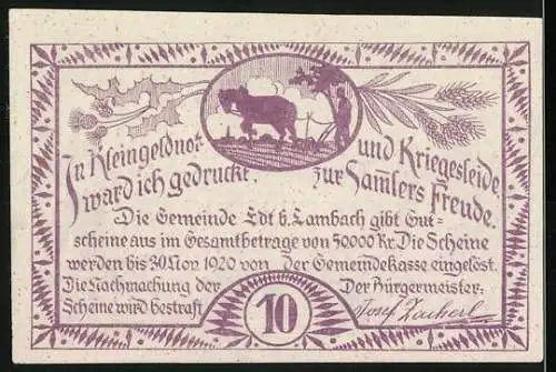 Notgeld Edt bei Lambach 1920, 10 Heller, traditionelle Paare in Tracht & Pferdepflug