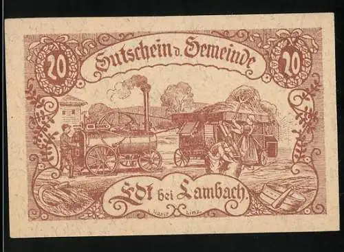 Notgeld Edt bei Lambach 1920, 20 Heller, Lokomobil treibt Dreschmaschine an