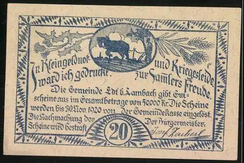 Notgeld Edt bei Lambach 1920, 20 Heller, Lokomobil treibt Dreschmaschine an