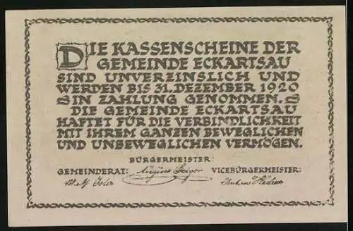 Notgeld Eckartsau 1920, 80 Heller, Schloss Eckartsau, Text zur Gültigkeit und Unterschriften