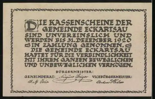 Notgeld Eckartsau 1920, 20 Heller, Schloss Eckartsau, Text mit Gültigkeitsdatum und Unterschriften