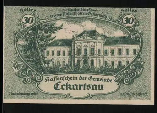 Notgeld Eckartsau 1920, 30 Heller, Schlossansicht mit detailliertem Rahmenornament