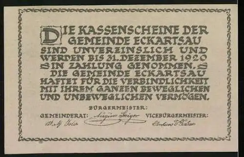 Notgeld Eckartsau 1920, 30 Heller, Schlossansicht mit detailliertem Rahmenornament