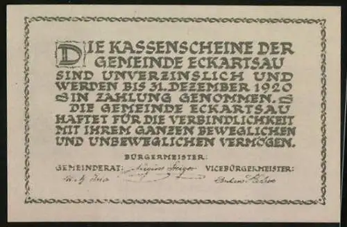 Notgeld Eckartsau 1920, 50 Heller, Schloss Eckartsau, Kaisers letzter Aufenthalt in Österreich