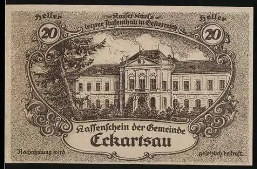 Notgeld Eckartsau 1920, 20 Heller, Schloss Eckartsau-Motiv