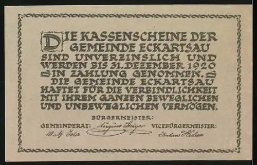 Notgeld Eckartsau 1920, 20 Heller, Schloss Eckartsau-Motiv