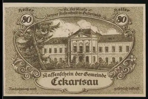 Notgeld Eckartsau 1920, 80 Heller, Schlossansicht mit Landschaft und Ornamenten