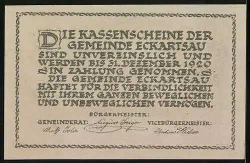 Notgeld Eckartsau 1920, 80 Heller, Schlossansicht mit Landschaft und Ornamenten