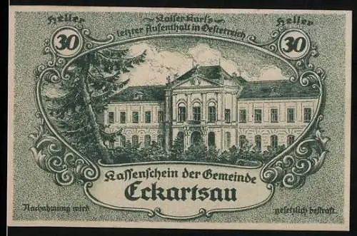 Notgeld Eckartsau 1920, 30 Heller, Schloss Eckartsau-Motiv, letzte Kaiserresidenz in Österreich