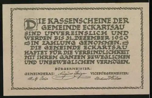 Notgeld Eckartsau 1920, 30 Heller, Schloss Eckartsau-Motiv, letzte Kaiserresidenz in Österreich