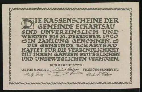 Notgeld Eckartsau 1920, 50 Heller, Schlossansicht und Text zur Gültigkeit bis Dezember 1920