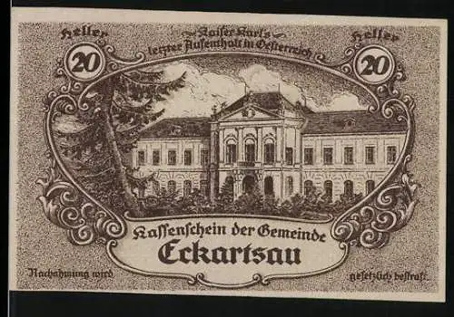 Notgeld Eckartsau 1920, 20 Heller, Schloss Eckartsau Abbildung