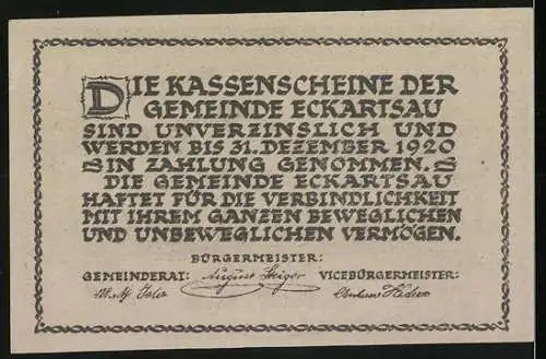 Notgeld Eckartsau 1920, 20 Heller, Schloss Eckartsau Abbildung