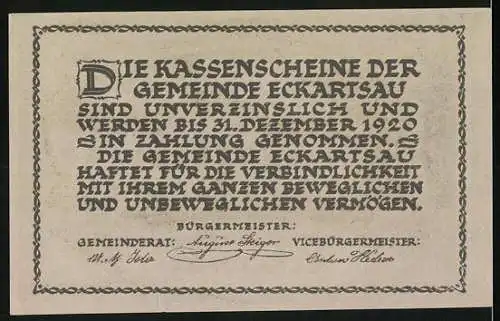 Notgeld Eckartsau 1920, 80 Heller, Schlossansicht und Text mit Gültigkeitsdauer bis 31. Dezember 1920