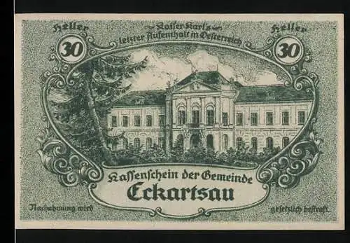 Notgeld Eckartsau 1920, 30 Heller, Schloss Eckartsau und Schrifttext