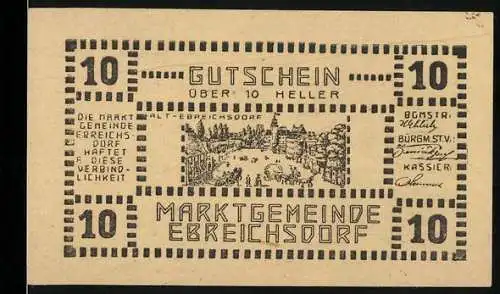 Notgeld Ebreichsdorf 1920, 10 Heller, Marktszene und Wappen mit drei Bäumen