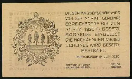 Notgeld Ebreichsdorf 1920, 10 Heller, Marktszene und Wappen mit drei Bäumen