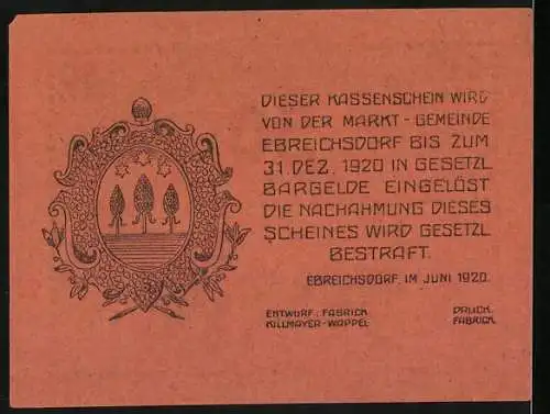 Notgeld Ebreichsdorf 1920, 50 Heller, Schloss Ebreichsdorf und Wappen