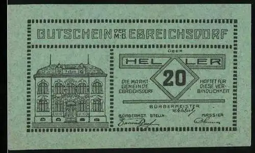 Notgeld Ebreichsdorf 1920, 20 Heller, Rathaus und Wappen der Marktgemeinde