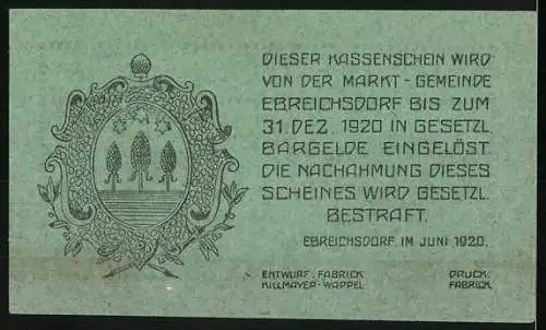 Notgeld Ebreichsdorf 1920, 20 Heller, Rathaus und Wappen der Marktgemeinde