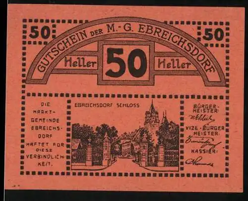 Notgeld Ebreichsdorf 1920, 50 Heller, Schlossansicht und Wappen