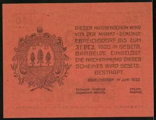 Notgeld Ebreichsdorf 1920, 50 Heller, Schlossansicht und Wappen