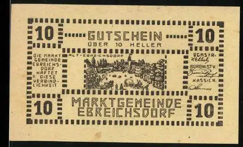 Notgeld Ebreichsdorf 1920, 10 Heller, Marktplatzszene und Wappen, Serie mit Unterschriften