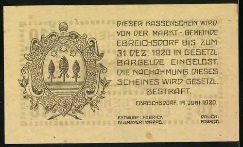 Notgeld Ebreichsdorf 1920, 10 Heller, Marktplatzszene und Wappen, Serie mit Unterschriften