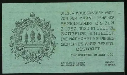 Notgeld Ebreichsdorf 1920, 20 Heller, Rathaus und Wappen