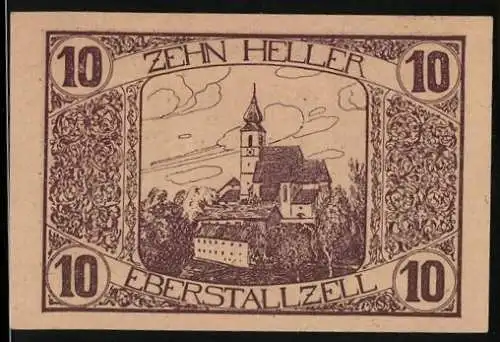 Notgeld Eberstallzell 1920, 10 Heller, Kirche und Bauer, Wappen links, Gültigkeit bis 31. Oktober 1920