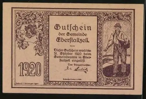 Notgeld Eberstallzell 1920, 10 Heller, Kirche und Bauer, Wappen links, Gültigkeit bis 31. Oktober 1920