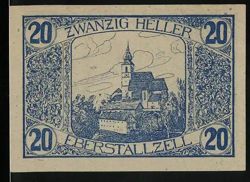 Notgeld Eberstallzell 1920, 20 Heller, Kirche und Bauer mit Wappen