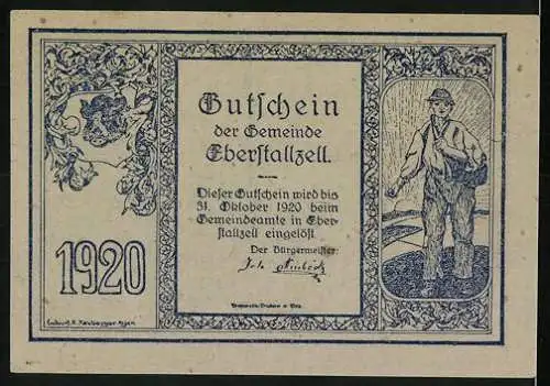 Notgeld Eberstallzell 1920, 20 Heller, Kirche und Bauer mit Wappen