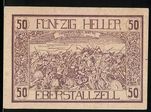 Notgeld Eberstallzell 1920, 50 Heller, Schlachtmotiv und Bauer mit Werkzeug, Wappen und Seriennummer