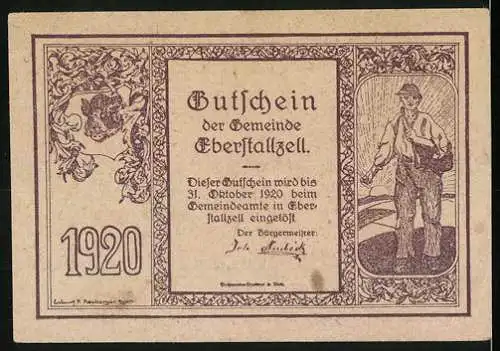 Notgeld Eberstallzell 1920, 50 Heller, Schlachtmotiv und Bauer mit Werkzeug, Wappen und Seriennummer