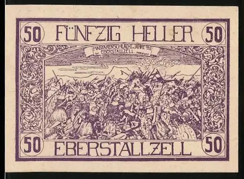 Notgeld Eberstallzell 1920, 50 Heller, Bauernschlacht und Bauer mit Sense