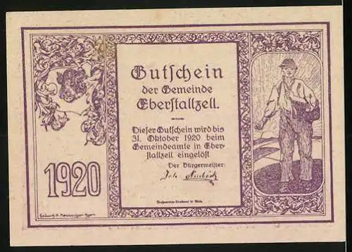 Notgeld Eberstallzell 1920, 50 Heller, Bauernschlacht und Bauer mit Sense