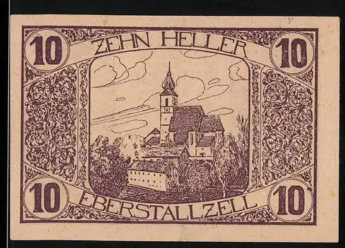 Notgeld Eberstallzell 1920, 10 Heller, Kirche und Bauer, mit Wappen und Seriennummer