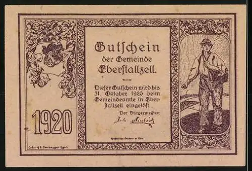 Notgeld Eberstallzell 1920, 10 Heller, Kirche und Bauer, mit Wappen und Seriennummer