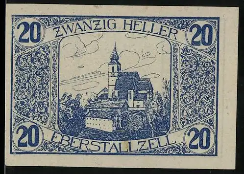 Notgeld Eberstallzell 1920, 20 Heller, Kirche und Landwirt, Wappen und Gültigkeit bis 31. Oktober 1920