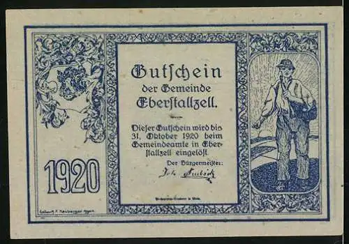 Notgeld Eberstallzell 1920, 20 Heller, Kirche und Landwirt, Wappen und Gültigkeit bis 31. Oktober 1920