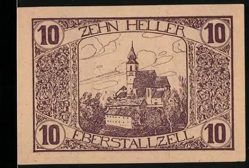 Notgeld Eberstallzell 1920, 10 Heller, Kirche und Bauer, mit Wappen