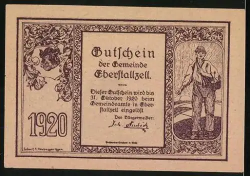 Notgeld Eberstallzell 1920, 10 Heller, Kirche und Bauer, mit Wappen