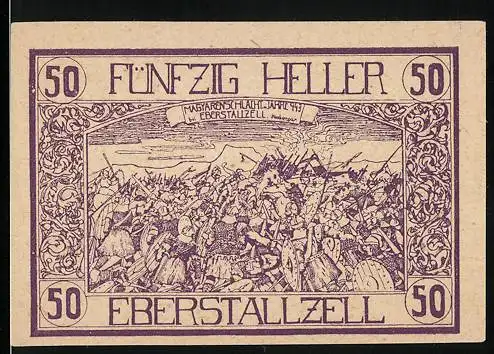 Notgeld Eberstallzell 1920, 50 Heller, Massenschlachtmotiv, Wappen und Bauer mit Saatgut