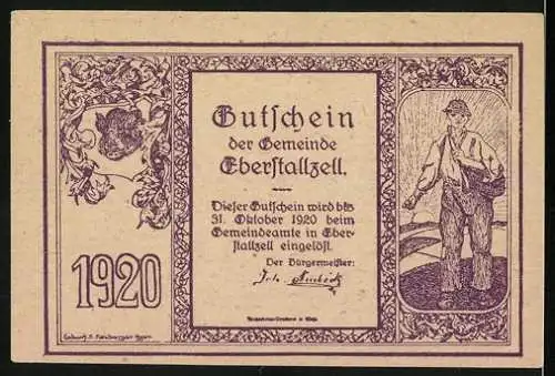 Notgeld Eberstallzell 1920, 50 Heller, Massenschlachtmotiv, Wappen und Bauer mit Saatgut