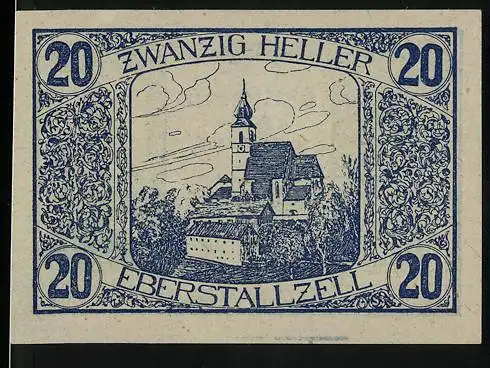 Notgeld Eberstallzell 1920, 20 Heller, Kirche und Bauer mit Pflugschar, Wappen, Seriennummer 1920