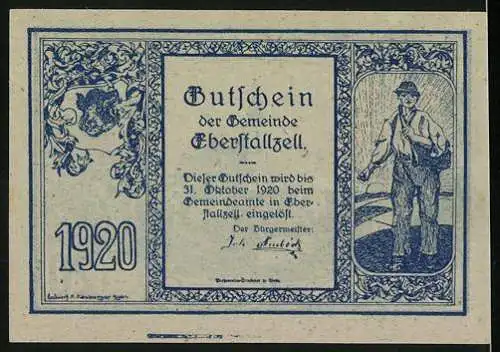 Notgeld Eberstallzell 1920, 20 Heller, Kirche und Bauer mit Pflugschar, Wappen, Seriennummer 1920