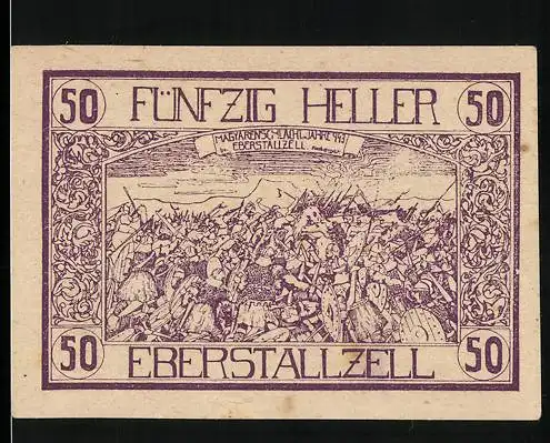 Notgeld Eberstallzell 1920, 50 Heller, Bauer mit Saatgut und Wappen, Maisernte im Hintergrund