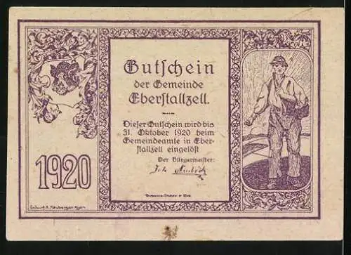 Notgeld Eberstallzell 1920, 50 Heller, Bauer mit Saatgut und Wappen, Maisernte im Hintergrund